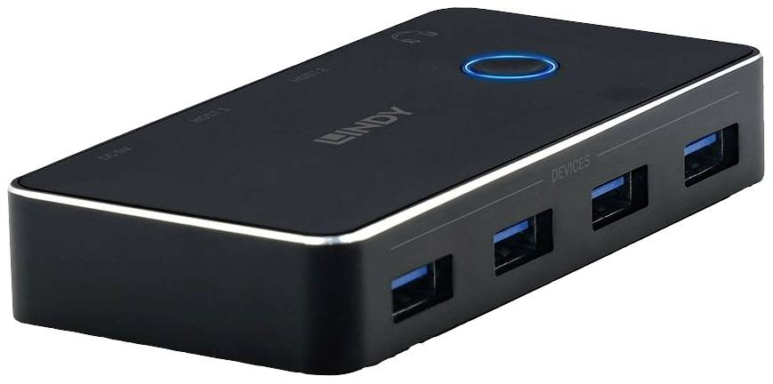 Een zwarte USB-hub met vier blauwe USB-3.0-poorten aan de voorkant en een oplichtende blauwe cirkel aan de bovenkant.