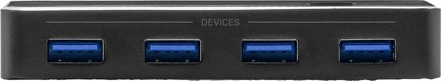 Zwarte USB-hub met vier blauwe USB-poorten, gemarkeerd met "DEVICES".