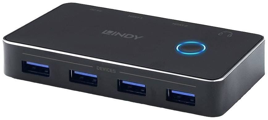 Een zwarte USB-hub met vier blauwe USB-poorten en een verlichte knop aan de bovenkant.