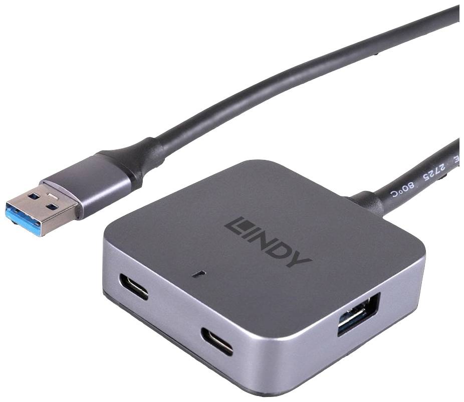 Meerpoorts-USB-hub met kabel, voorzien van twee USB-C-poorten en één USB-A-poort. Merklogo bovenaan.