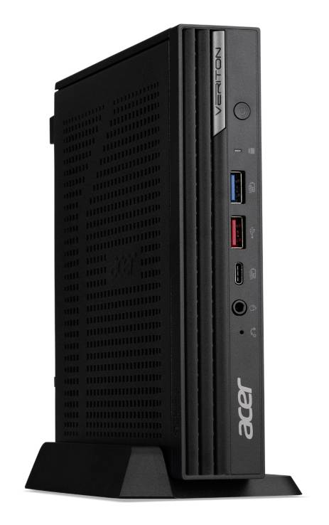 Zwarte Acer Veriton mini-pc rechtop op een standaard, voorkant met USB-poorten en geventileerde zijpaneel zichtbaar.