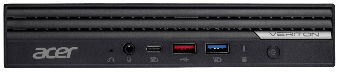 Een Acer Veriton Mini-PC vooraanzicht met aan/uit-knop, USB-poorten en audioaansluiting.