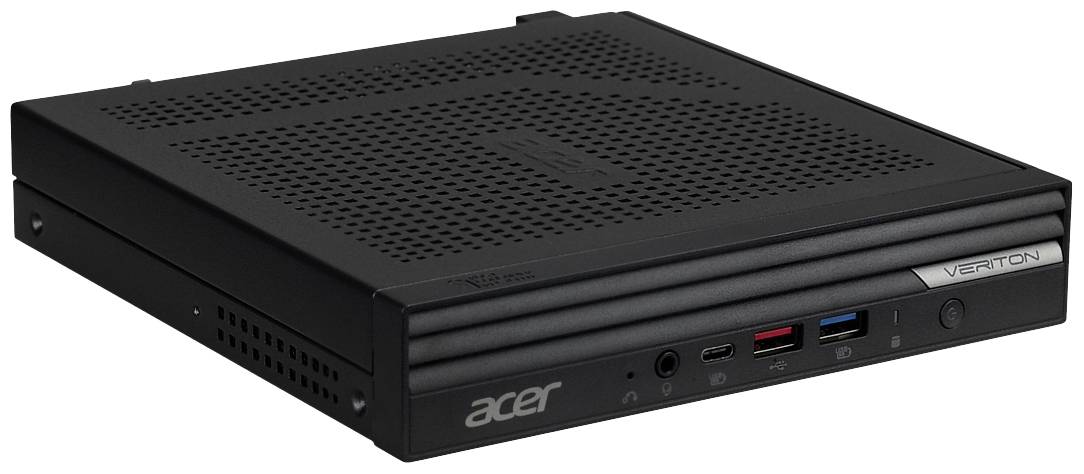 Een zwarte mini-pc met zijdelingse ventilatiesleuven en vooraan USB-poorten en audio-aansluitingen. Merknaam Acer zichtbaar.