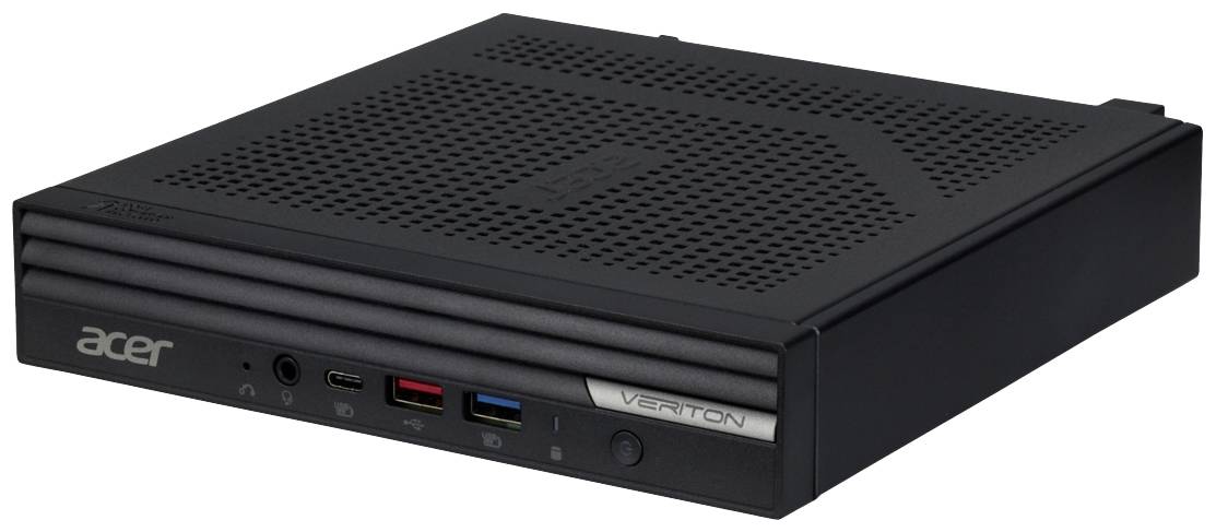 Een compacte, zwarte mini-pc van Acer, model Veriton, met meerdere USB-poorten aan de voorkant, geschikt voor kantooromgevingen.