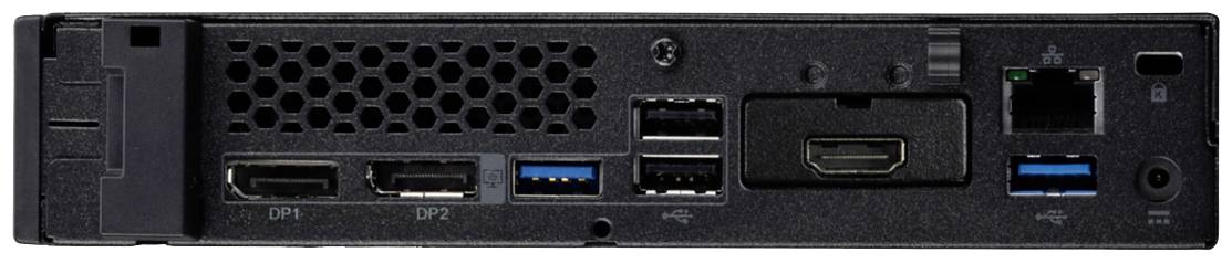 Achterkant van een elektronisch apparaat met meerdere aansluitingen: HDMI, Ethernet, USB-poorten en DisplayPorts, geschikt voor veelzijdige connectiviteit.