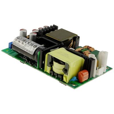 Elektronische printplaat met transformator, condensatoren en spoelen. Hoofdcomponenten van een voedingscircuit zichtbaar.