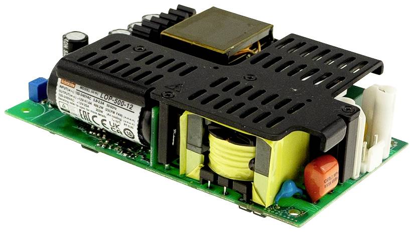 Een elektronische printplaat met verschillende componenten, waaronder spoelen en condensatoren, fungeert als voedingsmodule.
