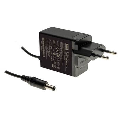 Zwart stekkervoedingsapparaat met Europese stekker en kleine ronde stekker aan het uiteinde van de kabel, geschikt voor elektronische apparaten.