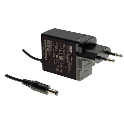 Zwart netsnoer met Eurostekker, fabriekslogo afgedrukt; kabel eindigt in een ronde stekker. Apparaat voor stroomvoorziening.