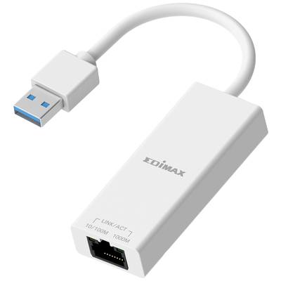 USB 3.0 naar Ethernet-adapter in wit, met Edimax-logo, een USB-A-stekker en een Ethernet-poort. Ondersteunt 10/100/1000 Mbps.