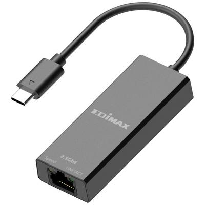 Grijs-zwarte USB-C naar Ethernet-adapter met één Ethernet-poort, gemerkt met 'Edimax' en '2.5GbE' voor snelle netwerkverbindingen.