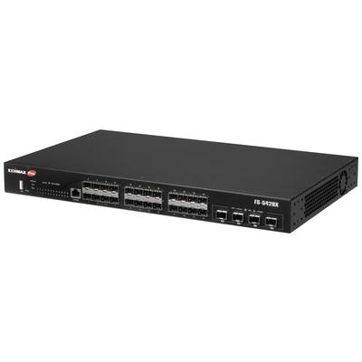 Netwerk-switch met meerdere Ethernet-poorten en een zwarte behuizing, geschikt voor gegevensverspreiding in IT-infrastructuren.