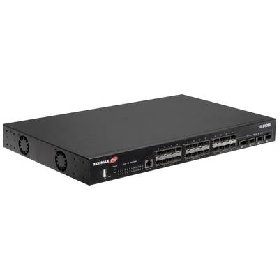 Een zwarte netwerk-switch met meerdere Ethernet-poorten en LED-indicatoren aan de voorzijde, geschikt voor serverracks.