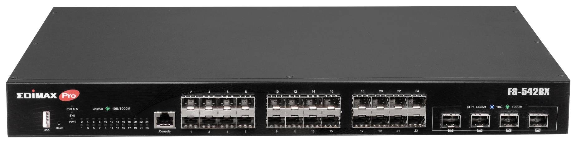 Een zwarte netwerk-switch met meerdere Ethernet-poorten en indicatoren aan de voorkant. Gemarkeerd met 'Edimax Pro' en model 'GS-5424PX'.