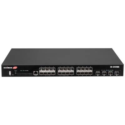 Een zwarte netwerk-switch met meerdere Ethernet-poorten en indicatoren aan de voorkant. Gemarkeerd met 'Edimax Pro' en model 'GS-5424PX'.