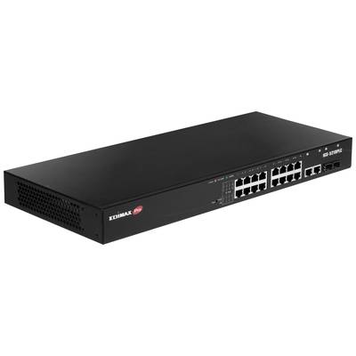 Een zwarte netwerk-switch met 16 Ethernet-poorten en extra LED-indicatoren aan de voorkant. Modelnaam 'EDIMAX GS-5424PLC'.