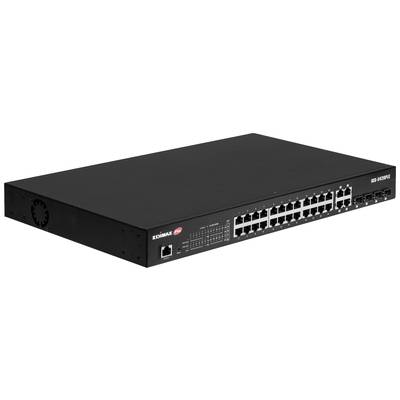 Zwarte netwerk-switch met 24 Ethernet-poorten en 4 extra poorten aan de rechterkant. Merk 'EDIMAX' linksboven.