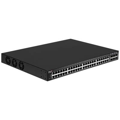 Een zwarte netwerk-switch met 48 Ethernet-poorten en ventilatoren aan de zijkant, geschikt voor gebruik in grote netwerken.