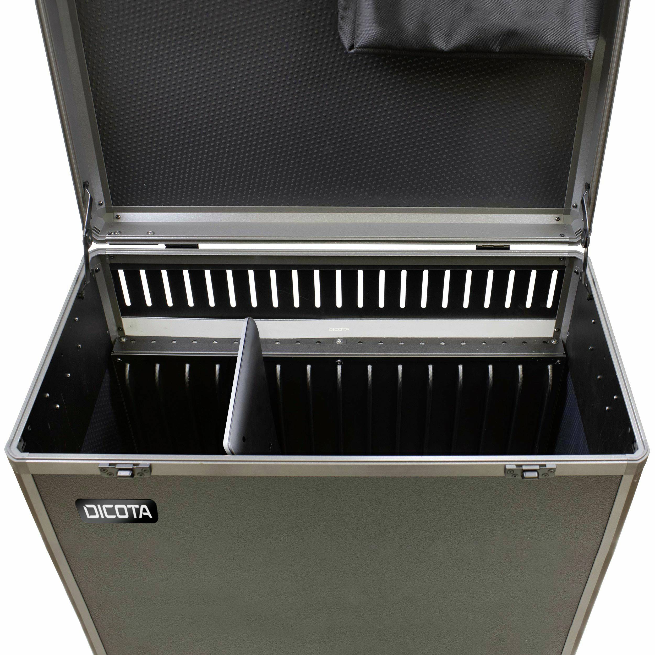 Een geopende transportbox met vakken, geschikt voor georganiseerde opslag van apparaten of accessoires, merk 'DICOTA'.