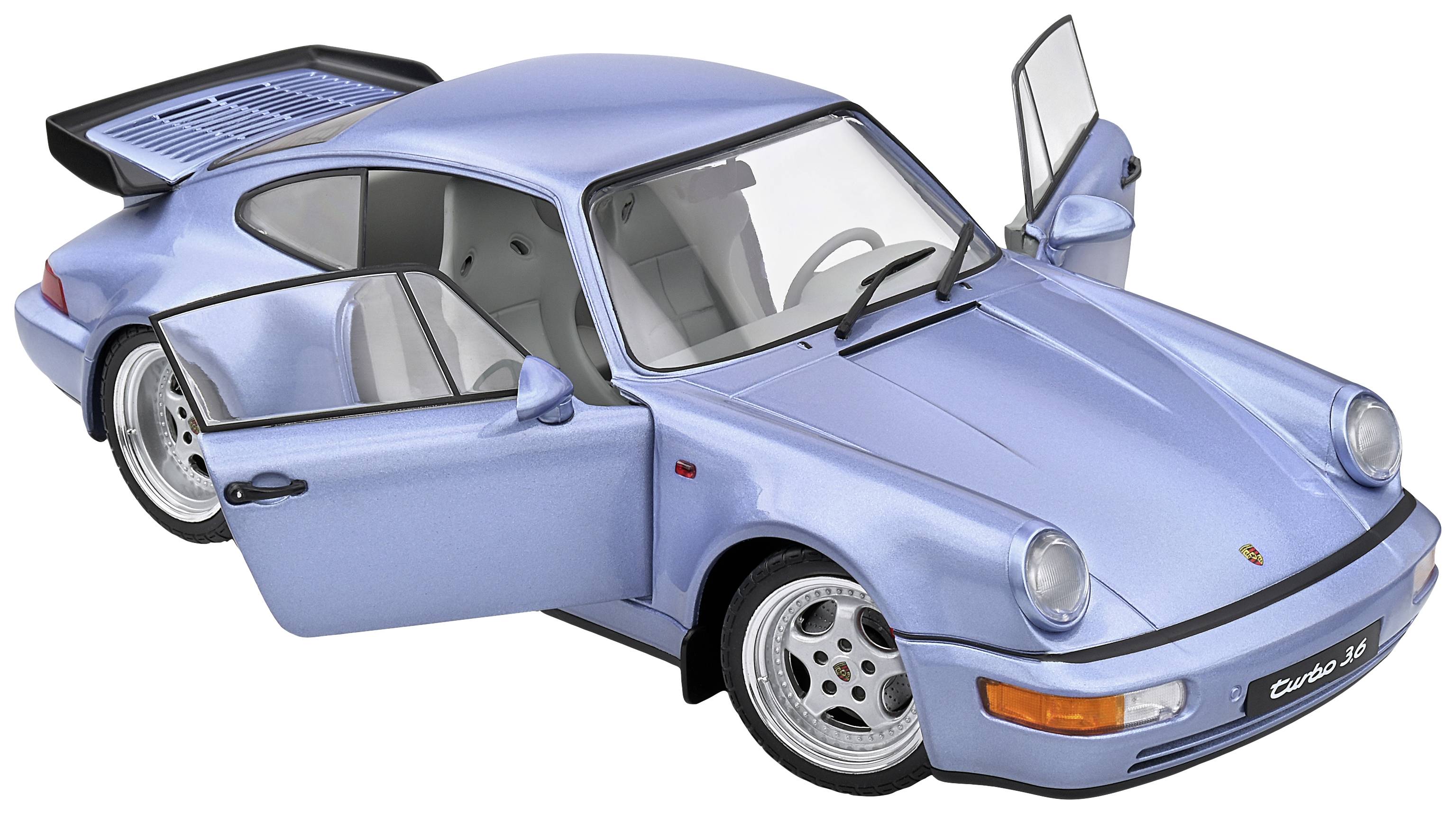 Blauwe modelauto van een klassieke sportwagen met open deuren, een zijdelingse achterspoiler en kenmerkende ronde koplampen.