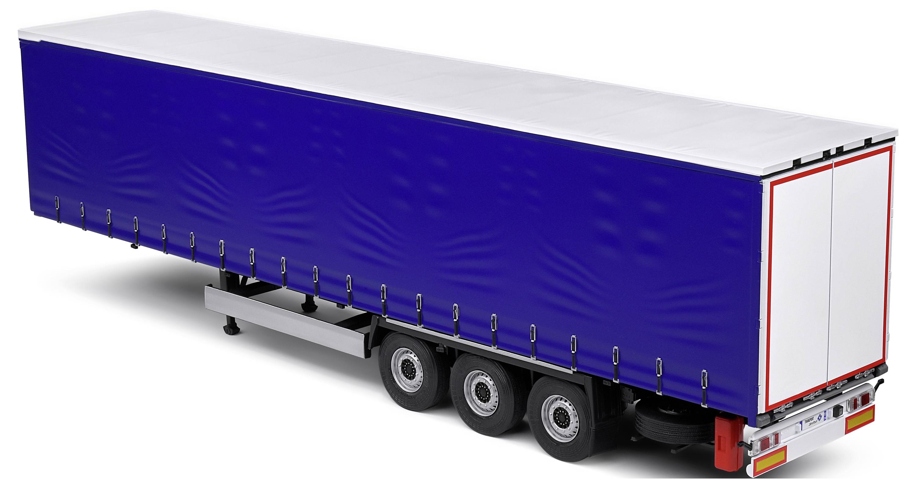 Een blauwe aanhangwagen met drie assen is zijdelings te zien. Hij heeft een zilverkleurig bovenste gedeelte en rode achterlichten.