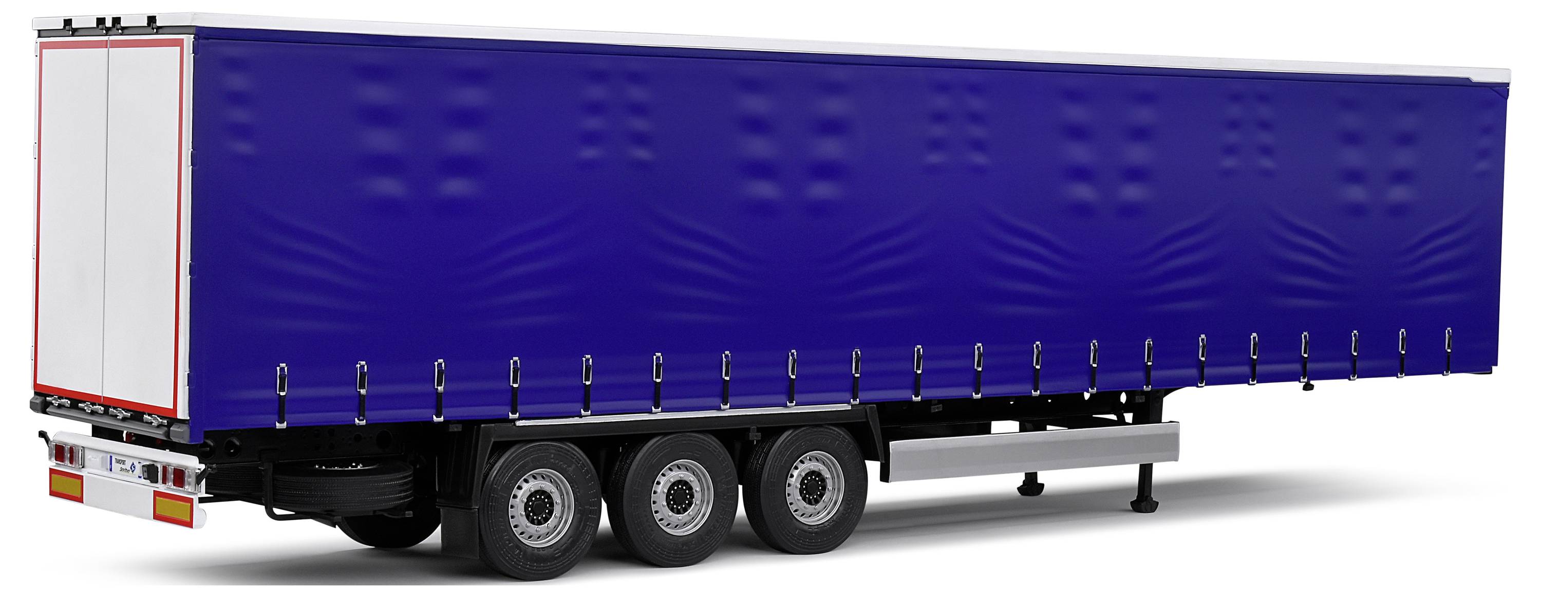 Een blauwe vrachtwagen-aanhanger met drie assen en witte achterdeuren staat op asfalt.