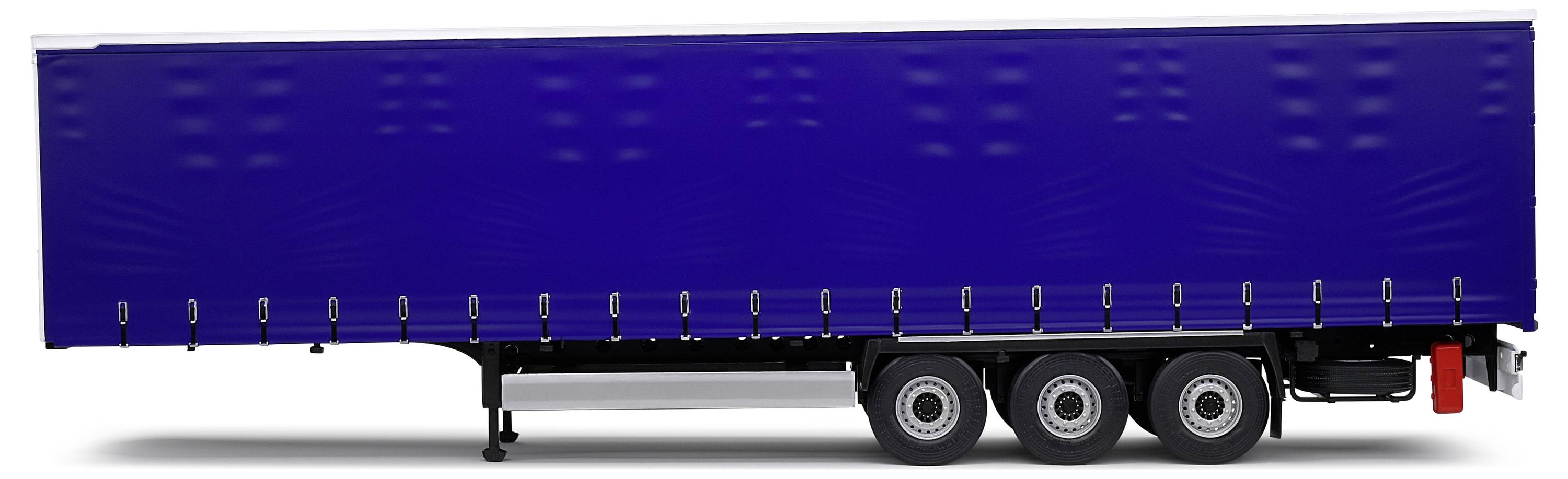 Een blauwe vrachtwagen-aanhanger met zes wielen. De aanhanger staat aan de zijkant en vertoont geen aanvullende informatie of opschriften.