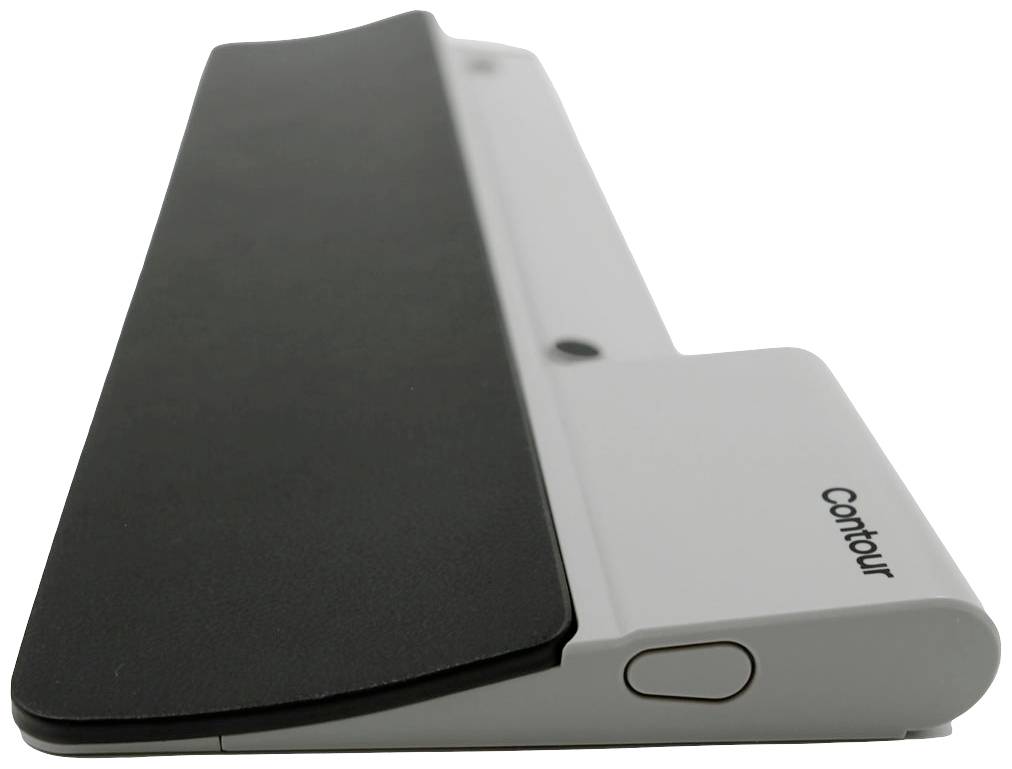 Brede zwarte en grijze ergonomische polssteun met 'Contour'-logo. Ontworpen ter ondersteuning van toetsenbordgebruikers.