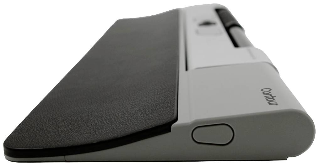 Een ergonomische computermuis met polssteun, grijs en zwart, ter bevordering van een natuurlijke handhouding tijdens gebruik.