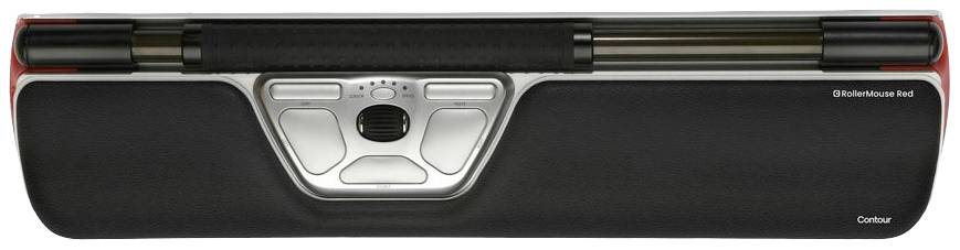 Een zwarte ergonomische rollermuis met geïntegreerde polssteun en een centraal bedieningselement voor muisnavigatie.