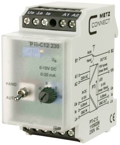 Een elektronisch besturingssysteem met schakelaar, knop en grafische instructies. Tekst: 'META CONNECT PTi-C12 230'. Gebruikt in elektrische bedieningspanelen.