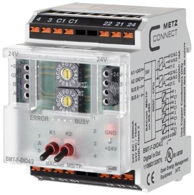'Elektronisch testapparaat BMT-F-DIO4/2 van Metz Connect. Met indicatoren voor fouten en activiteit, aansluitingen bovenaan en diagram aan de zijkant.'
