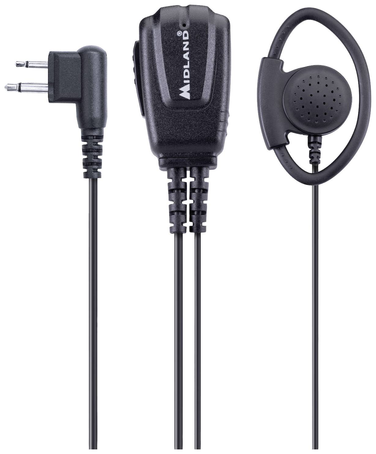 Een zwarte headset met oortelefoon en microfoon voor portofoons, tweepolige stekker, Midland-model, geschikt voor gebruik aan de rechterkant.
