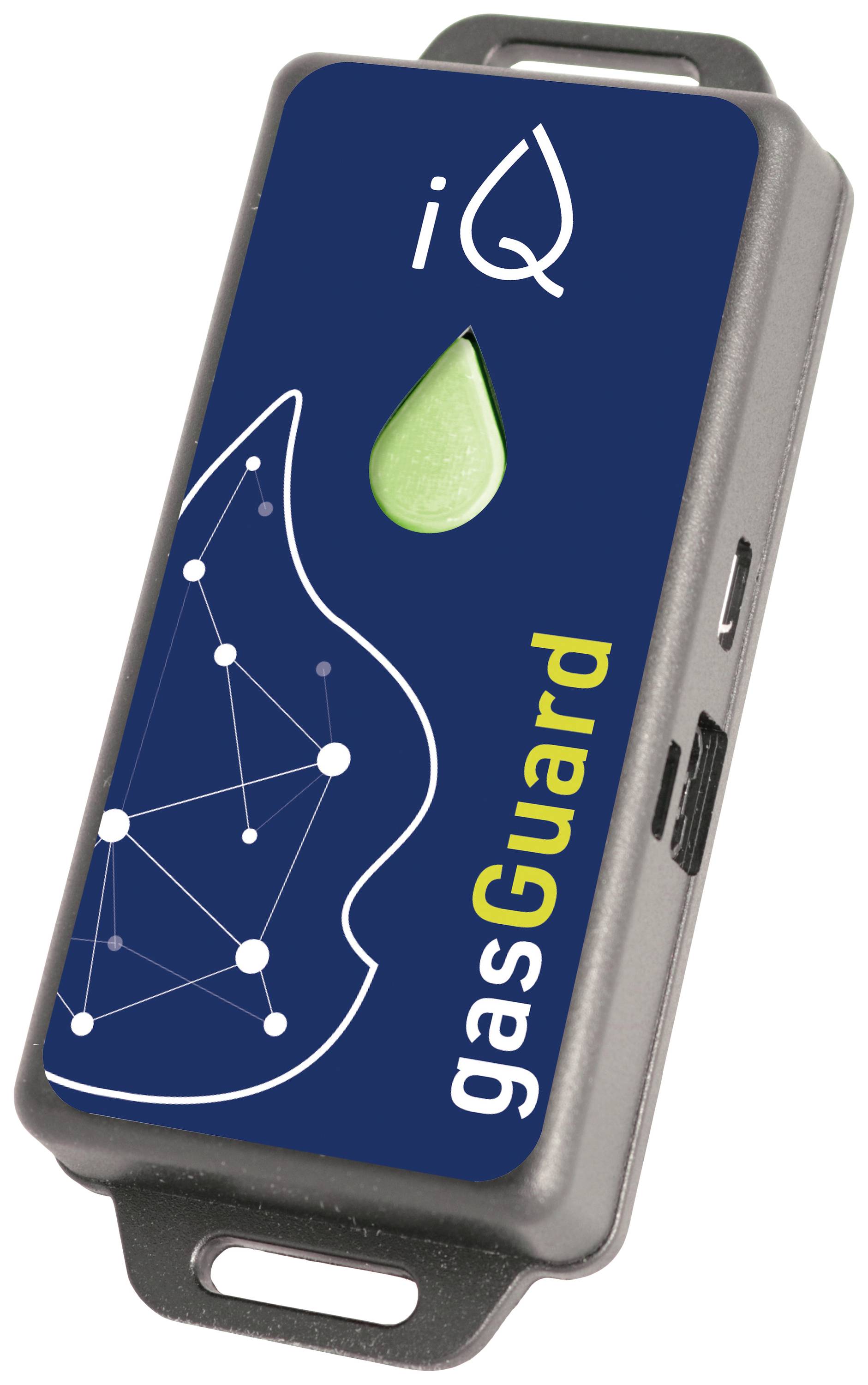 Een rechthoekig apparaat met de opschriften 'iQ' en 'gasGuard', toont een groene druppelvorm en grafische patronen op een blauwe achtergrond.