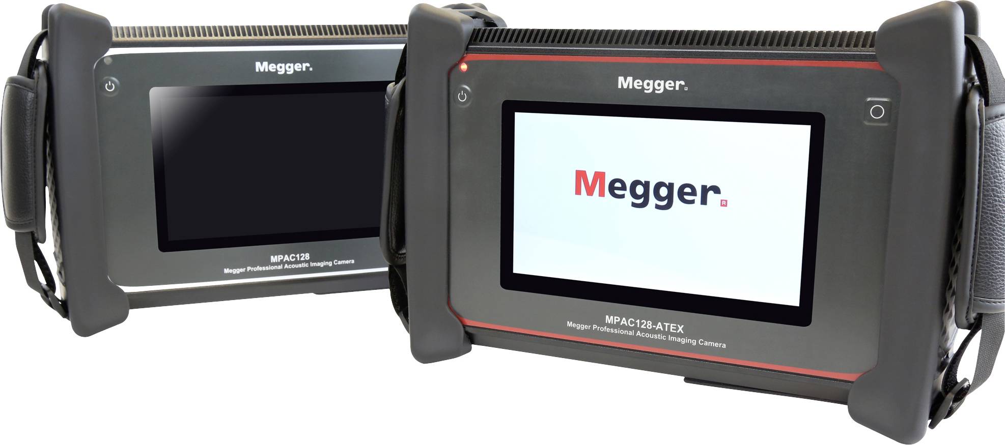 Twee Megger warmtebeeldcamera's, model MPMC920-ATEX, naast elkaar. Beide schermen tonen het Megger-logo.