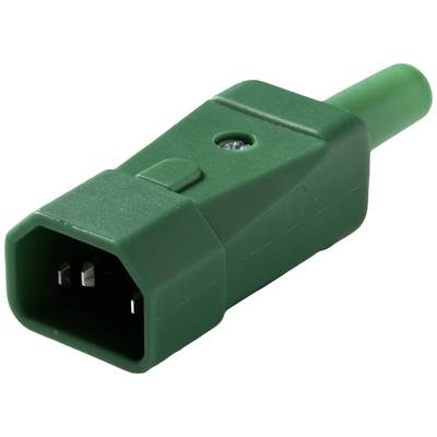 Een groene elektrische stekker met rechthoekige vorm en drie metalen pinnen, voor een witte achtergrond.