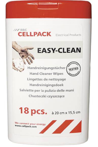 Container met opschrift 'EASY-CLEAN Handreinigende doekjes'. Bevat 18 stuks, formaat 20 cm x 15,5 cm. Merknaam: BBC Cellpack.