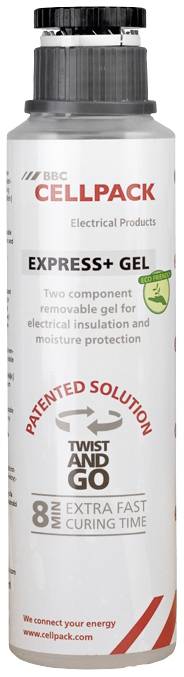 Fles met opschrift 'Cellpack Express+ Gel', voor elektrische isolatie en vochtbescherming, snel uitharden in 8 min.