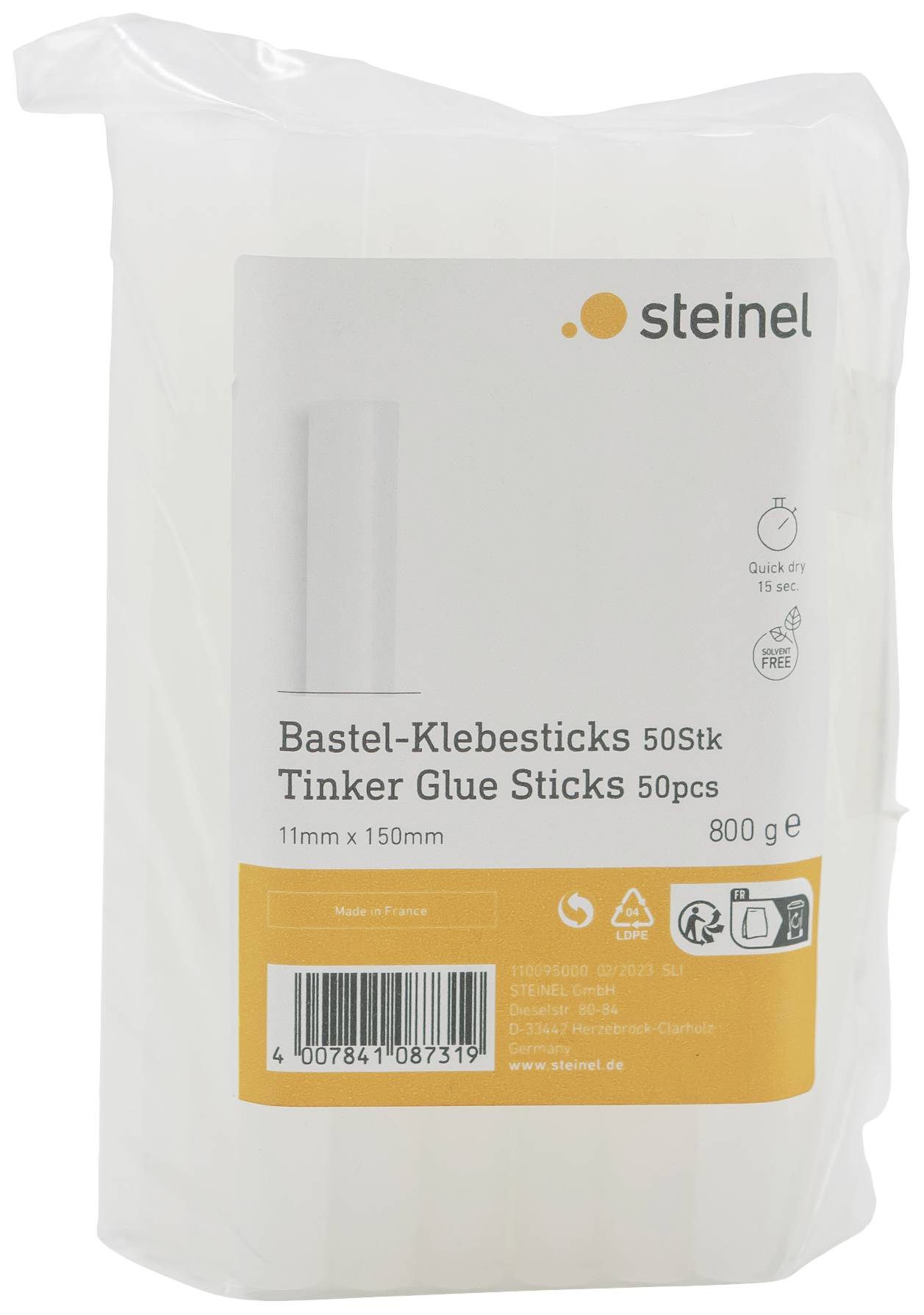 'Steinel knutsel-lijmsticks, 50 stuks, 11mm x 150mm, 800g. Voor snelle resultaten in 15 seconden. Geschikt voor handwerkopdrachten.'