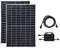 Twee zwarte zonnepanelen, een zwarte kabel met stekker en een omvormer. Geschikt voor elektriciteitsopwekking uit zonne-energie.
