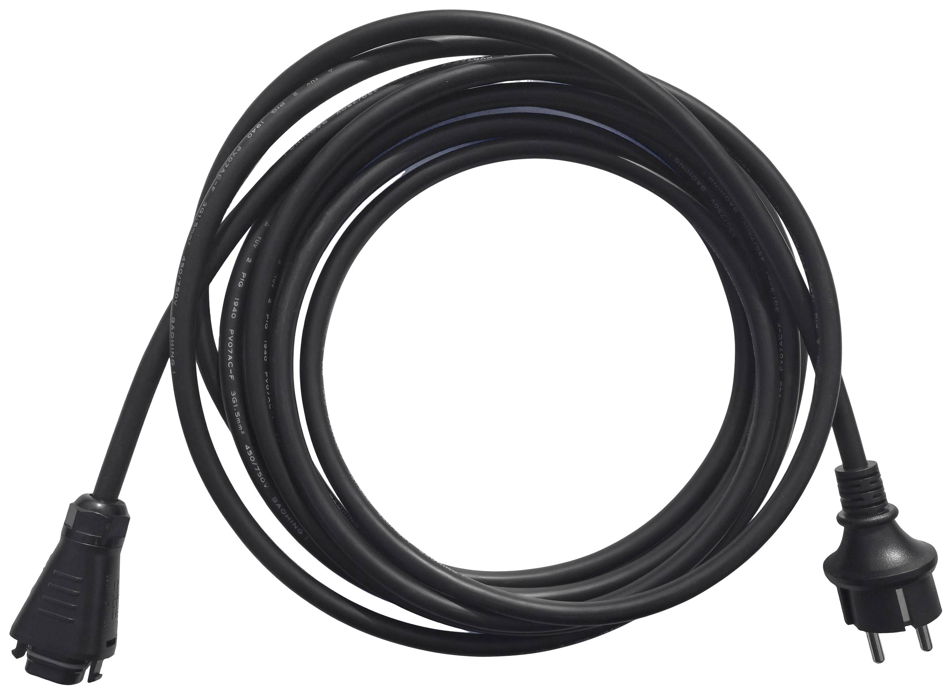 Een lang, zwart elektriciteitssnoer, opgerold. Aan het ene uiteinde bevindt zich een connector, aan het andere een stekker.