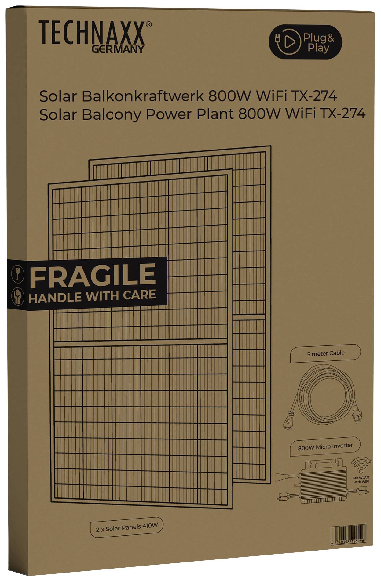 Verpakking van een Technaxx zonnebalkenkrachtcentrale met twee 400W zonnepanelen, 5m kabel en een 800W micro-omvormer.