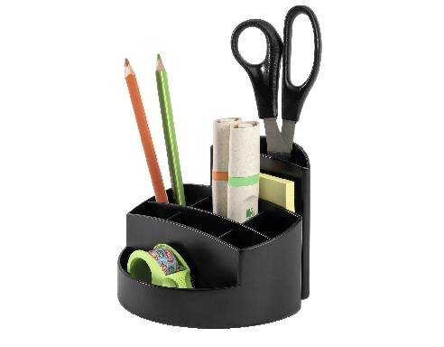 Zwarte pennenhouder met schaar, gekleurde pennen, notitieblokjes, plakband en pennen in vakjes. Ideaal voor bureauorganisatie.