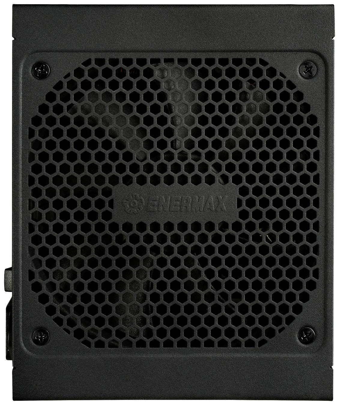 Een zwarte computervoeding met een rasterpatroon en het opschrift 'Enermax' in het midden.