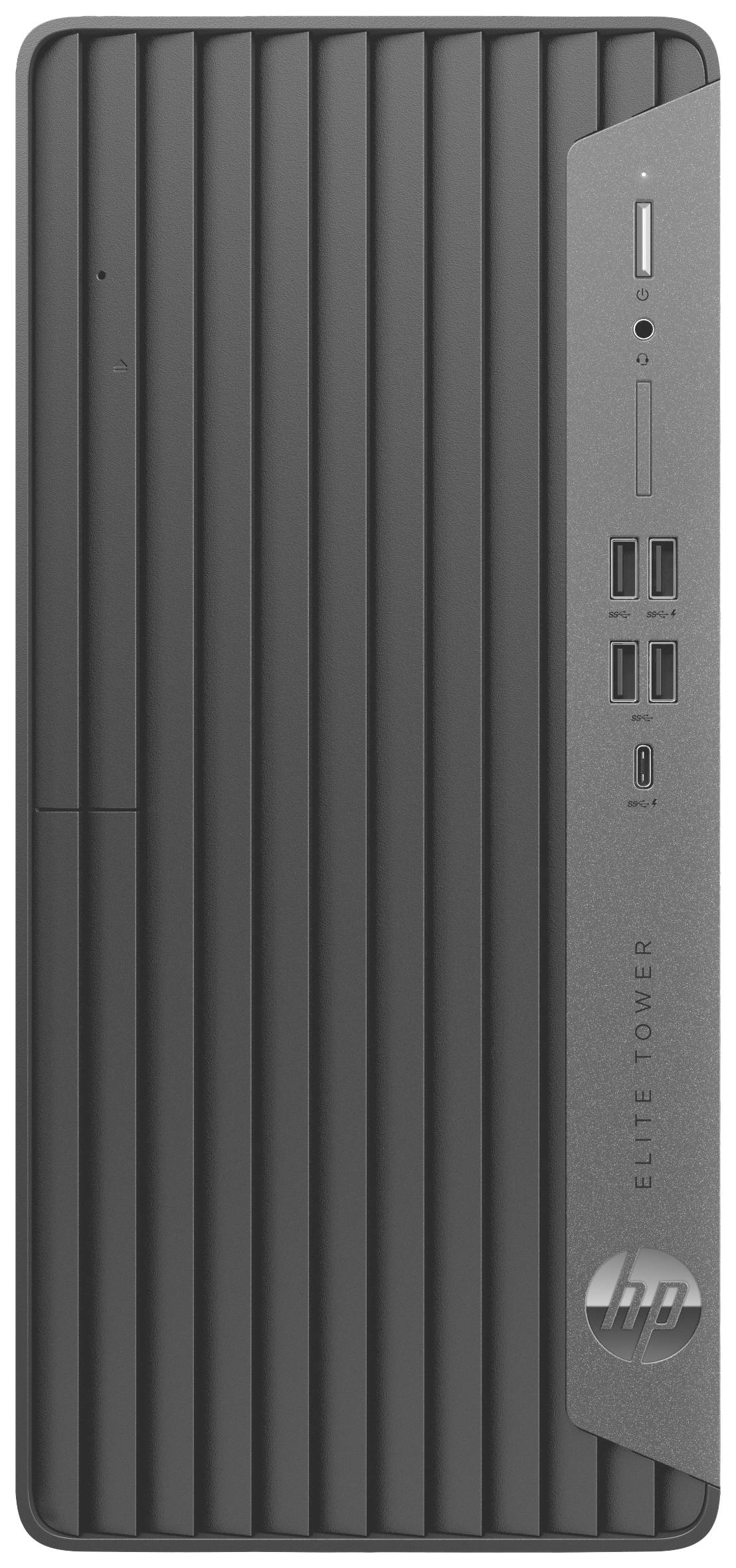 Een zwarte tower-pc met meerdere USB-poorten en een cd-station aan de voorkant. De behuizing heeft een geprofileerd ontwerp.
