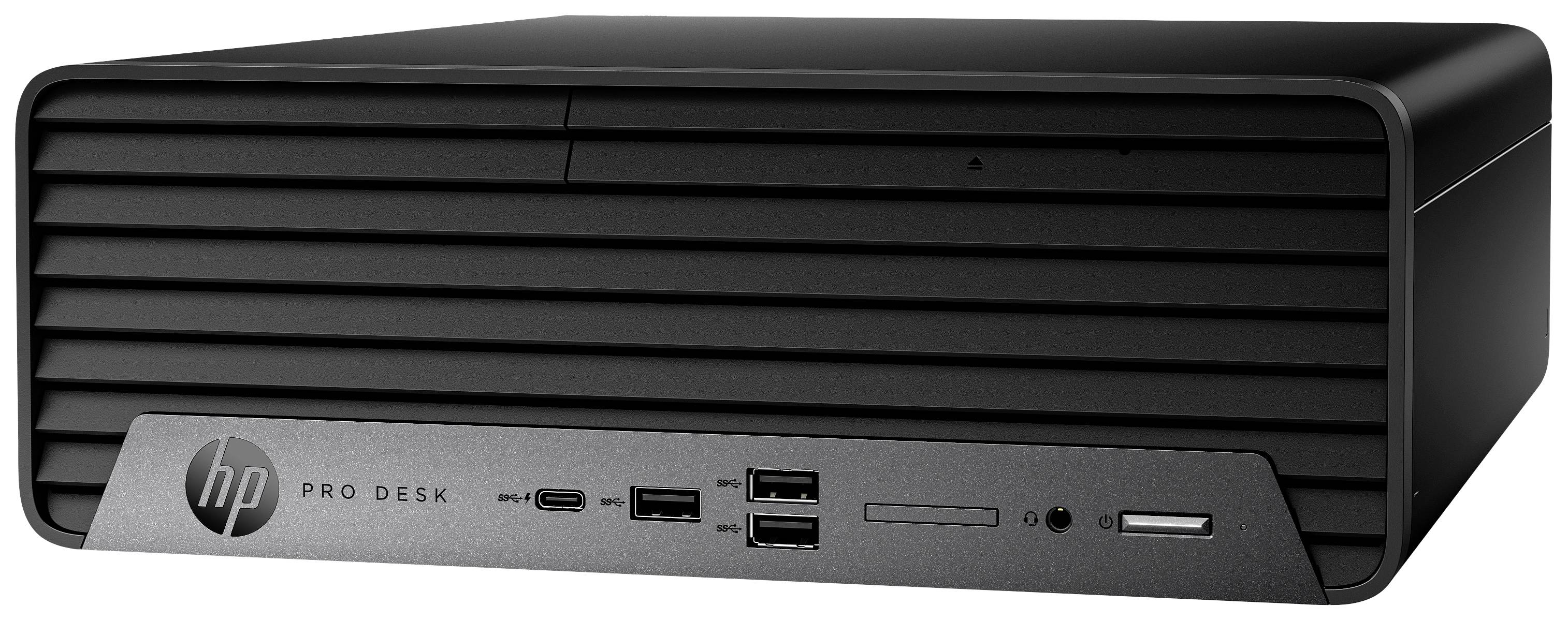 'HP ProDesk'-computer, zwart, horizontale uitlijning, voorkant met USB-poorten en merklogo.