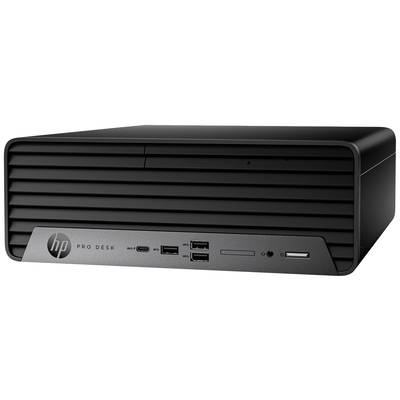 'HP ProDesk'-computer, zwart, horizontale uitlijning, voorkant met USB-poorten en merklogo.