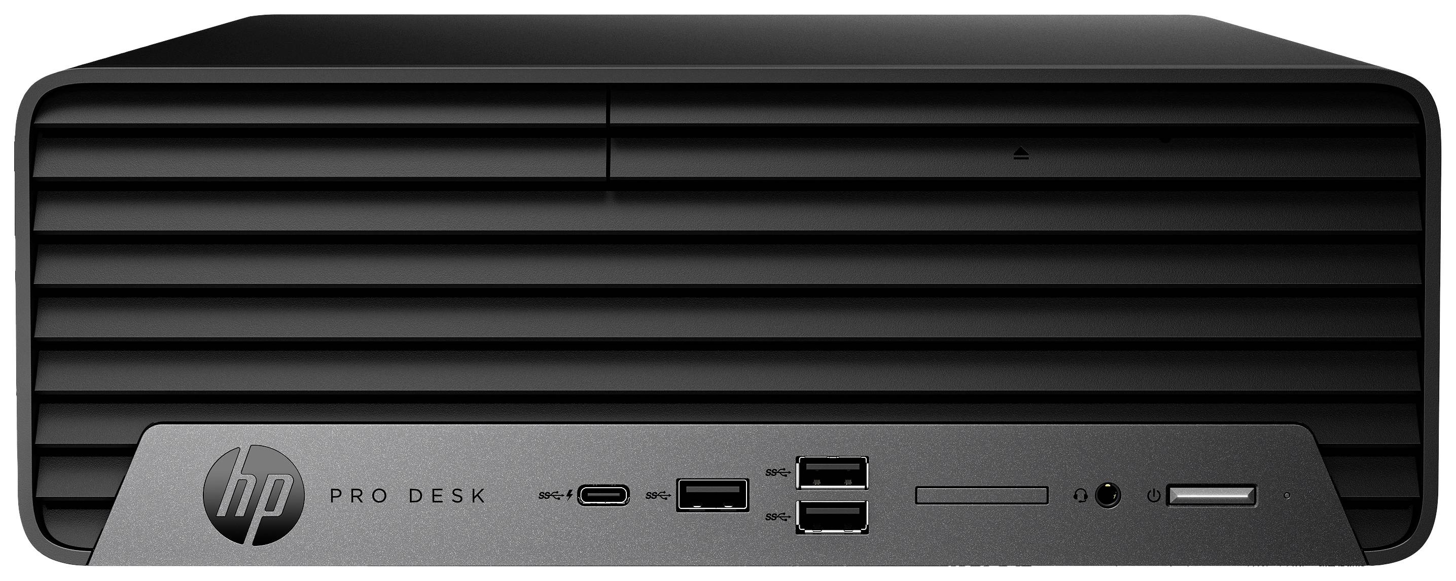 Een zwarte desktop-computer met horizontale ventilatiesleuven aan de voorkant. Onderaan zijn aansluitingen en een 'HP Pro Desk'-logo zichtbaar.