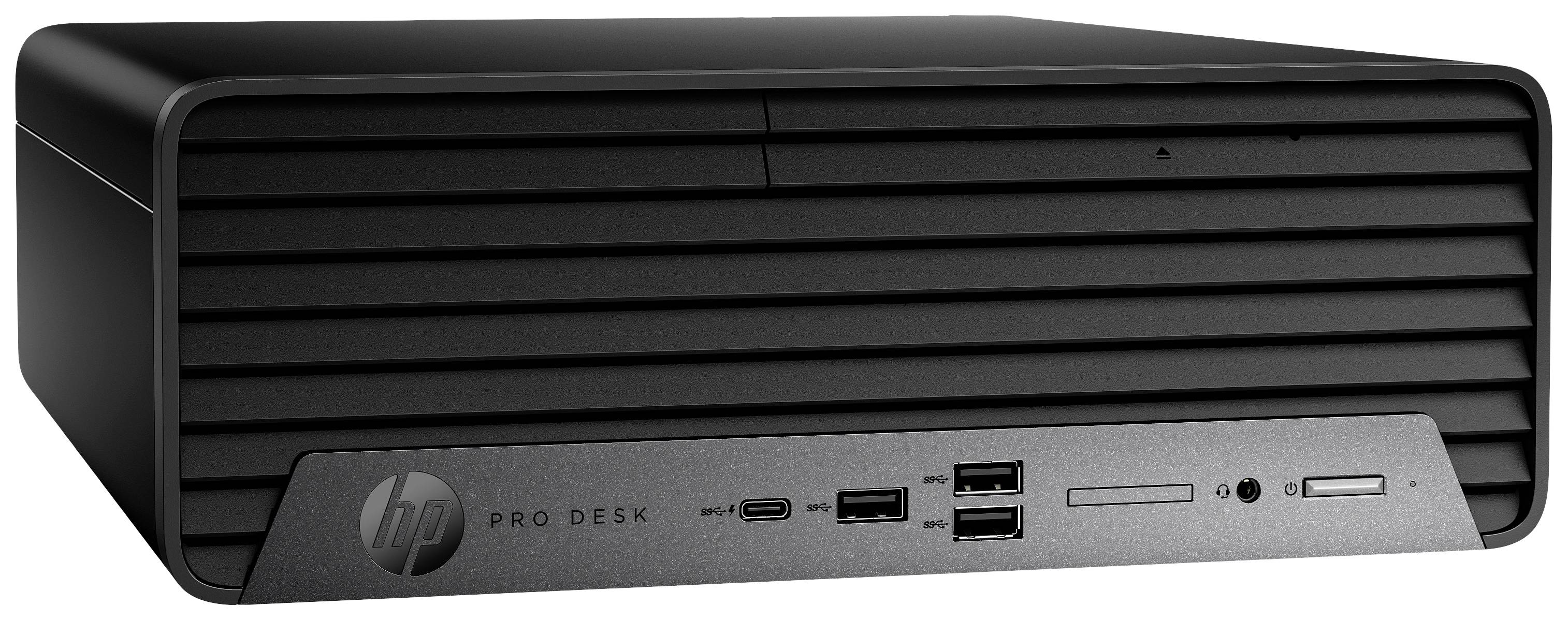 Een zwarte desktop-computer van het merk HP met USB-poorten en een slanke, rechthoekige vormgeving.