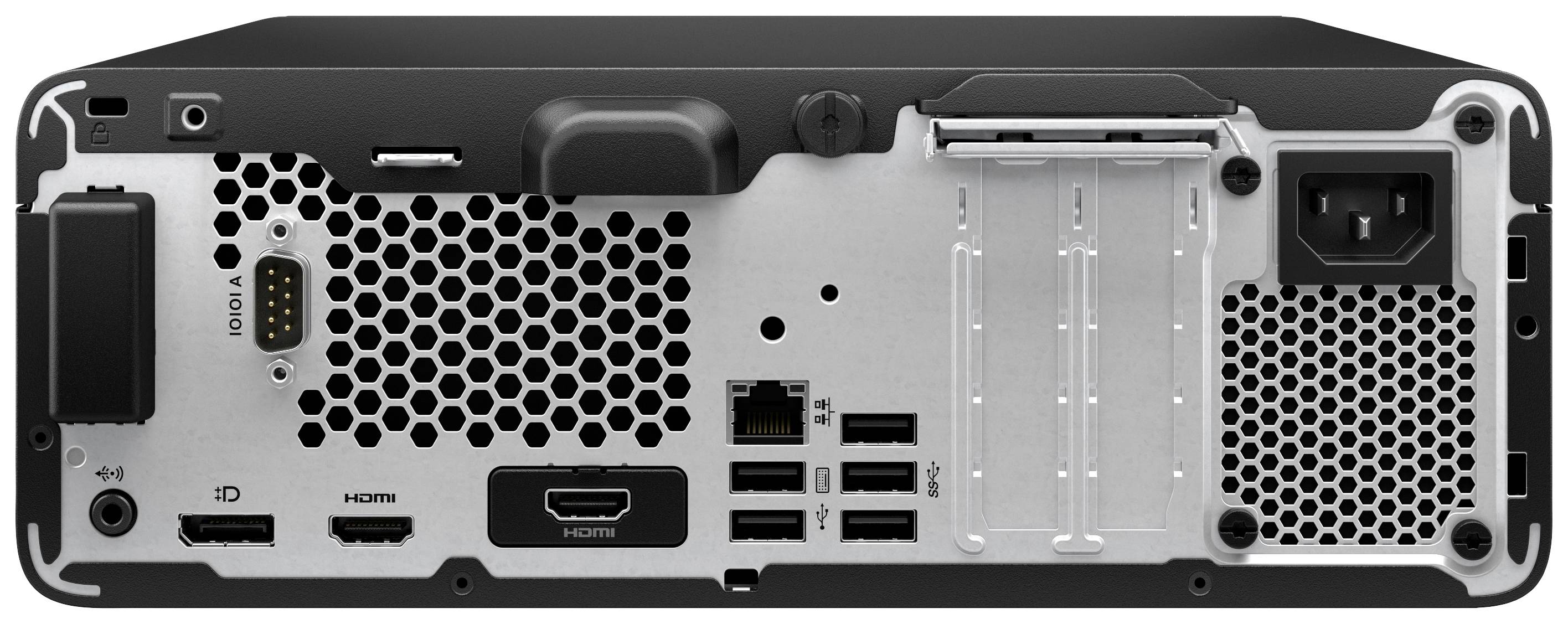 Achterkant van een computerbehuizing met verschillende aansluitingen, waaronder HDMI, USB en Ethernet. Een ventilator is zichtbaar.